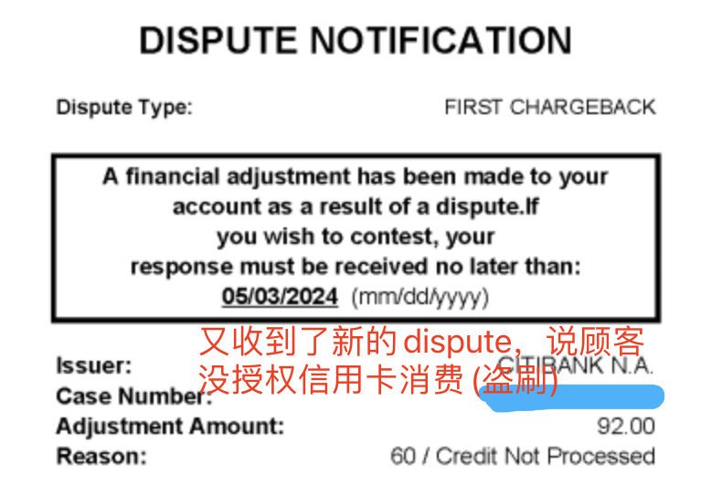 A Dispute Notification that a restaurant customer filed
