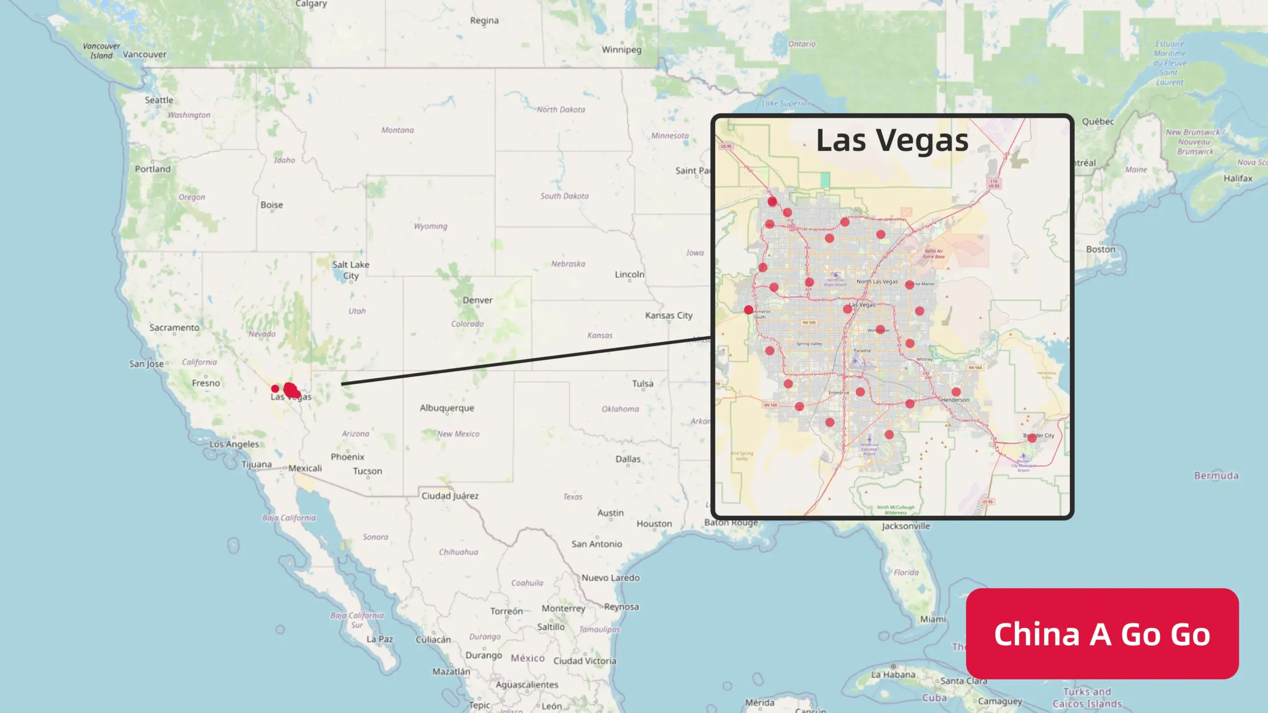 一张显示China A Go Go在美国各地门店分布的地图，各地用红色点标示出门店的位置。China A Go Go门店主要集中在拉斯维加斯及周边。