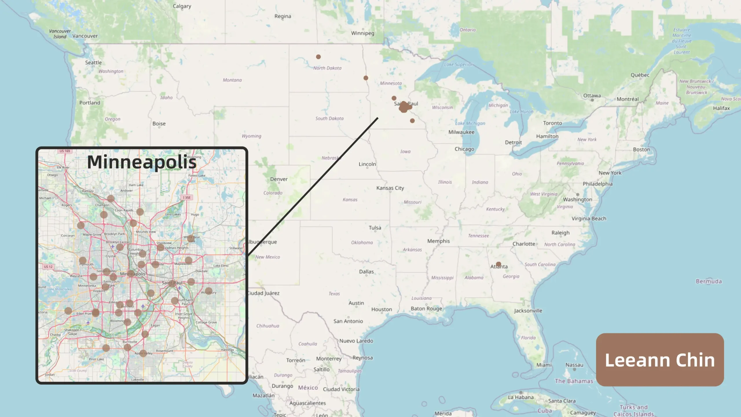 一张显示Leeann Chin在美国各地门店分布的地图，各地用棕色点标示出门店的位置。主要集中在明尼阿波利斯