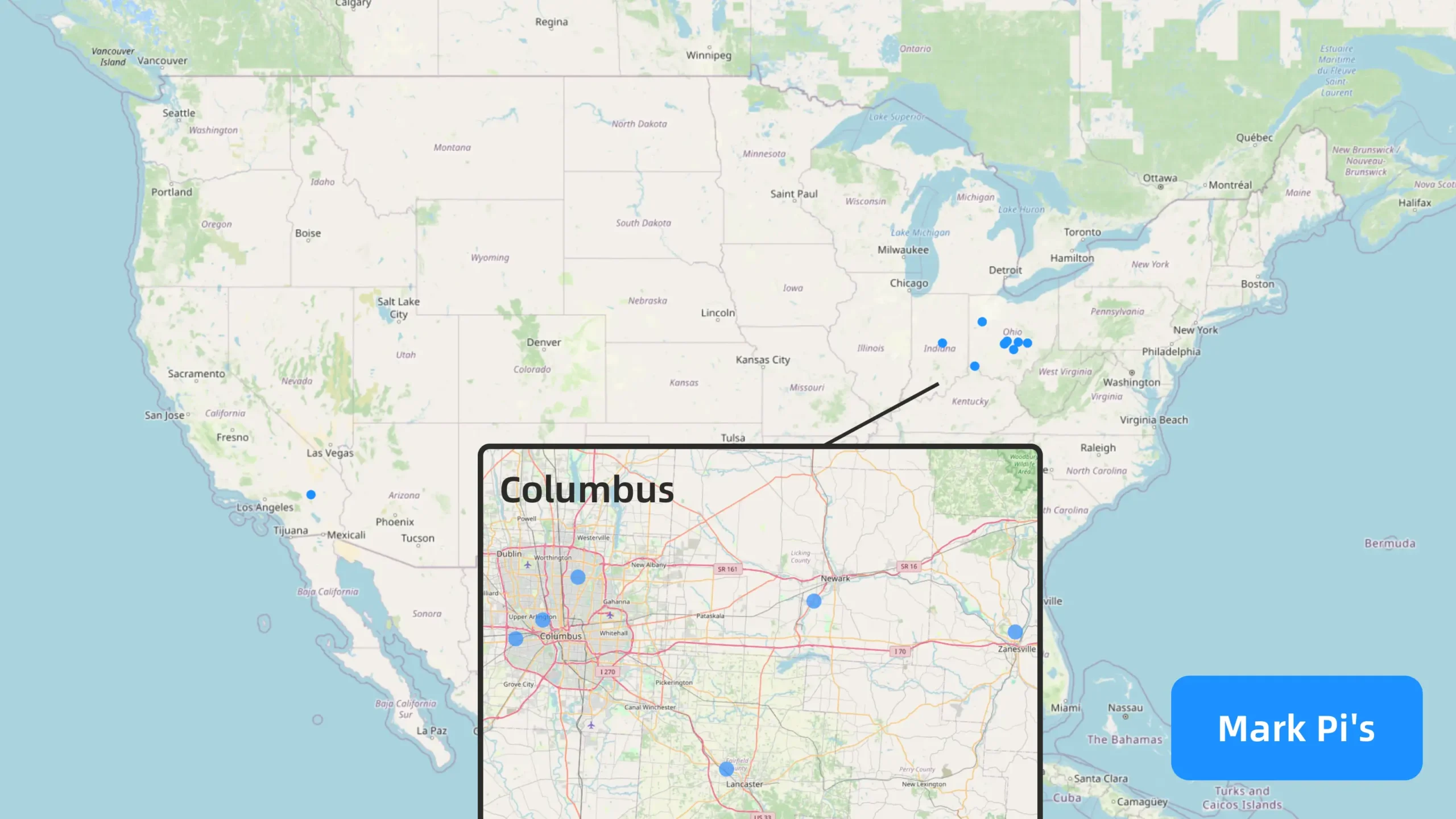 一张显示Mark Pi's在美国各地门店分布的地图，各地用紫色点标示出门店的位置。Mark Pi's的门店主要集中在俄亥俄州的哥伦布市及周边