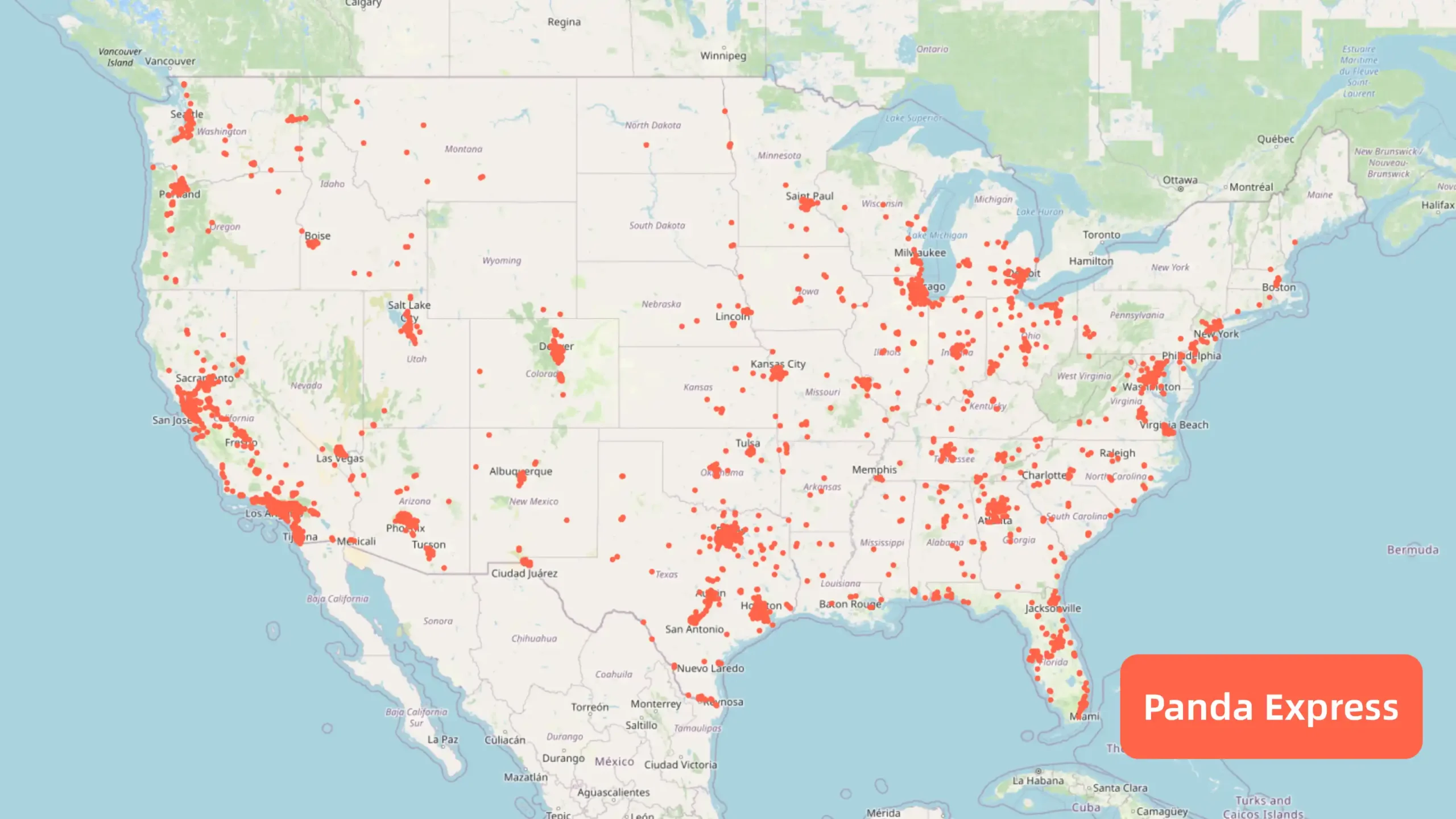 一张显示熊猫快餐（Panda Express）在美国各地门店分布的地图，各地用橙色点标示出门店的位置。其中加州看起来门店分布最为密集