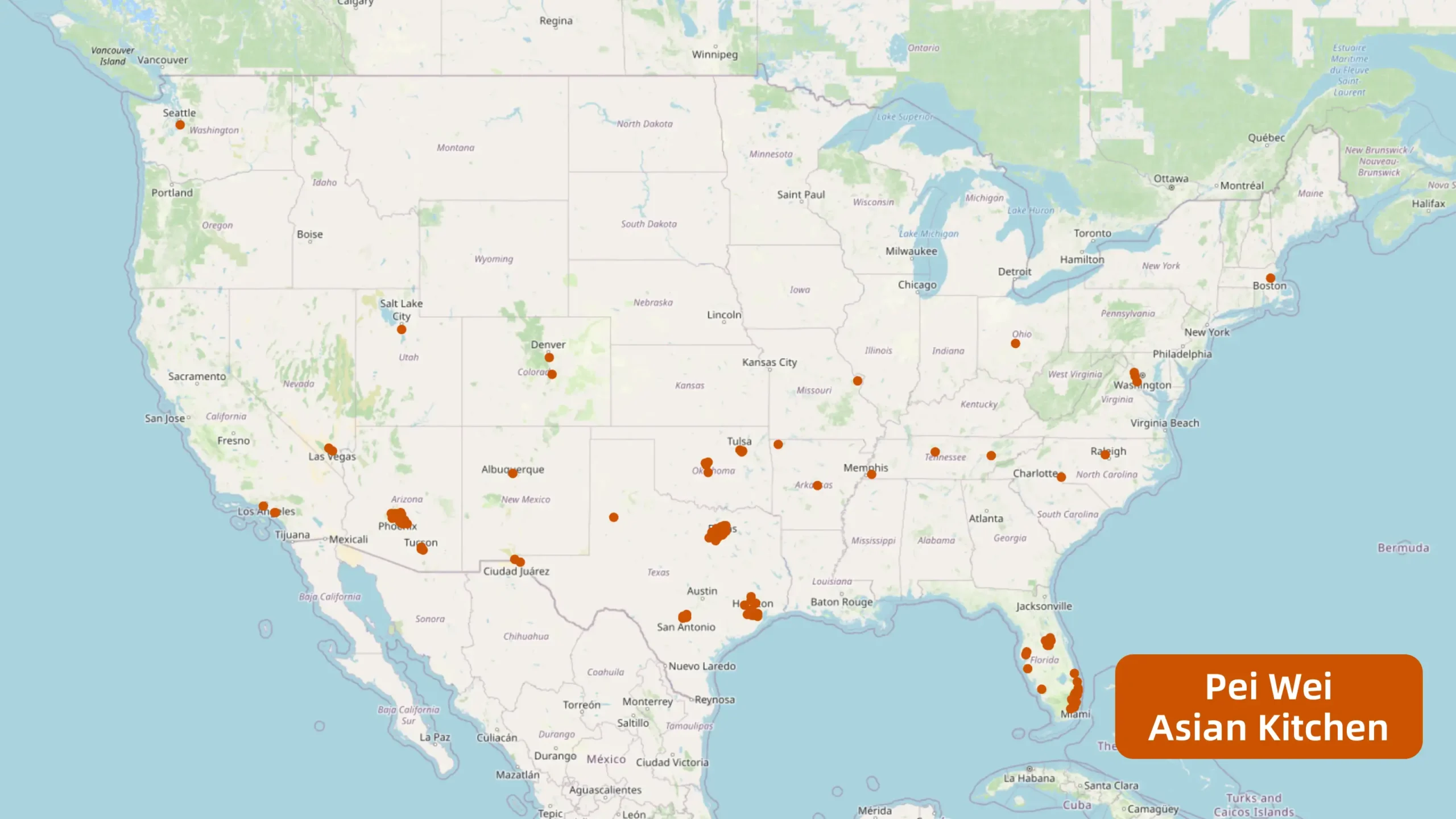 一张显示Pei Wei Asian Kitchen在美国各地门店分布的地图，各地用棕红色点标示出门店的位置。其中美国南部最为密集。