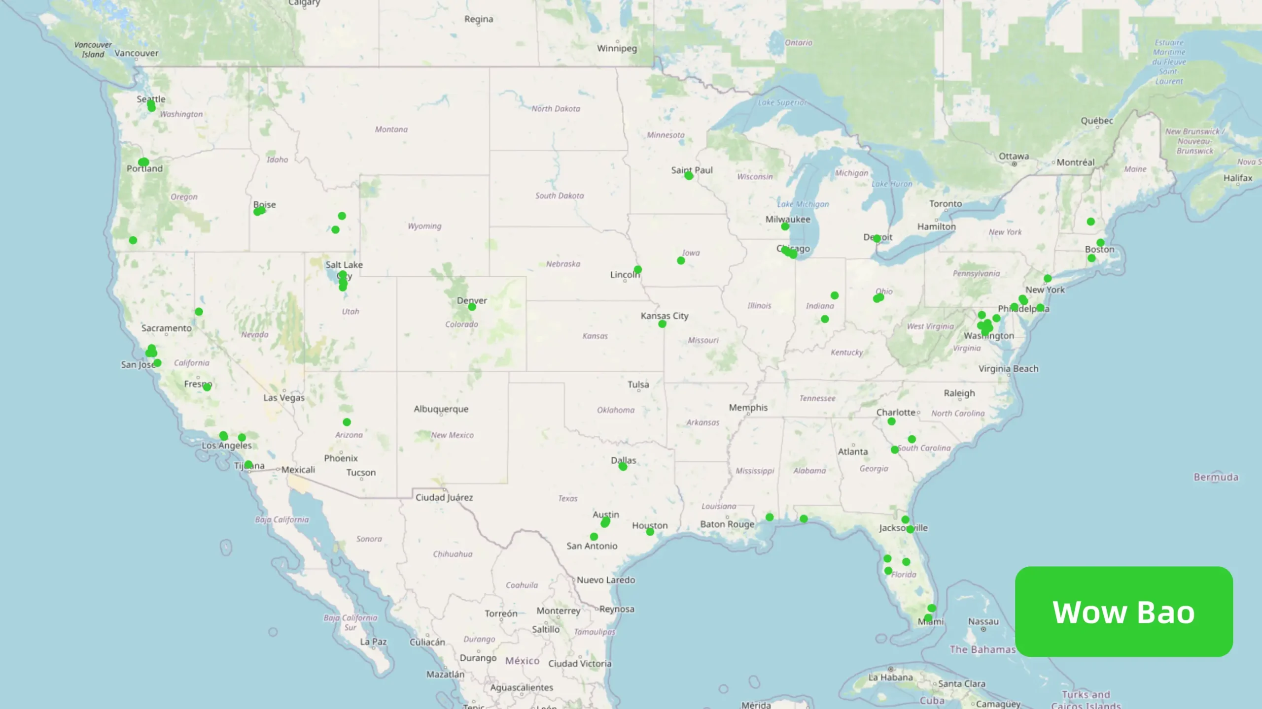 一张显示Wow Bao在美国各地门店分布的地图，各地用绿色点标示出门店的位置。其中美国东部最为密集。