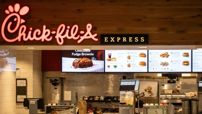 Chick-fil-A快餐厅的柜台，标志上方有红色霓虹灯，菜单显示巧克力布朗尼和各种汉堡选择。