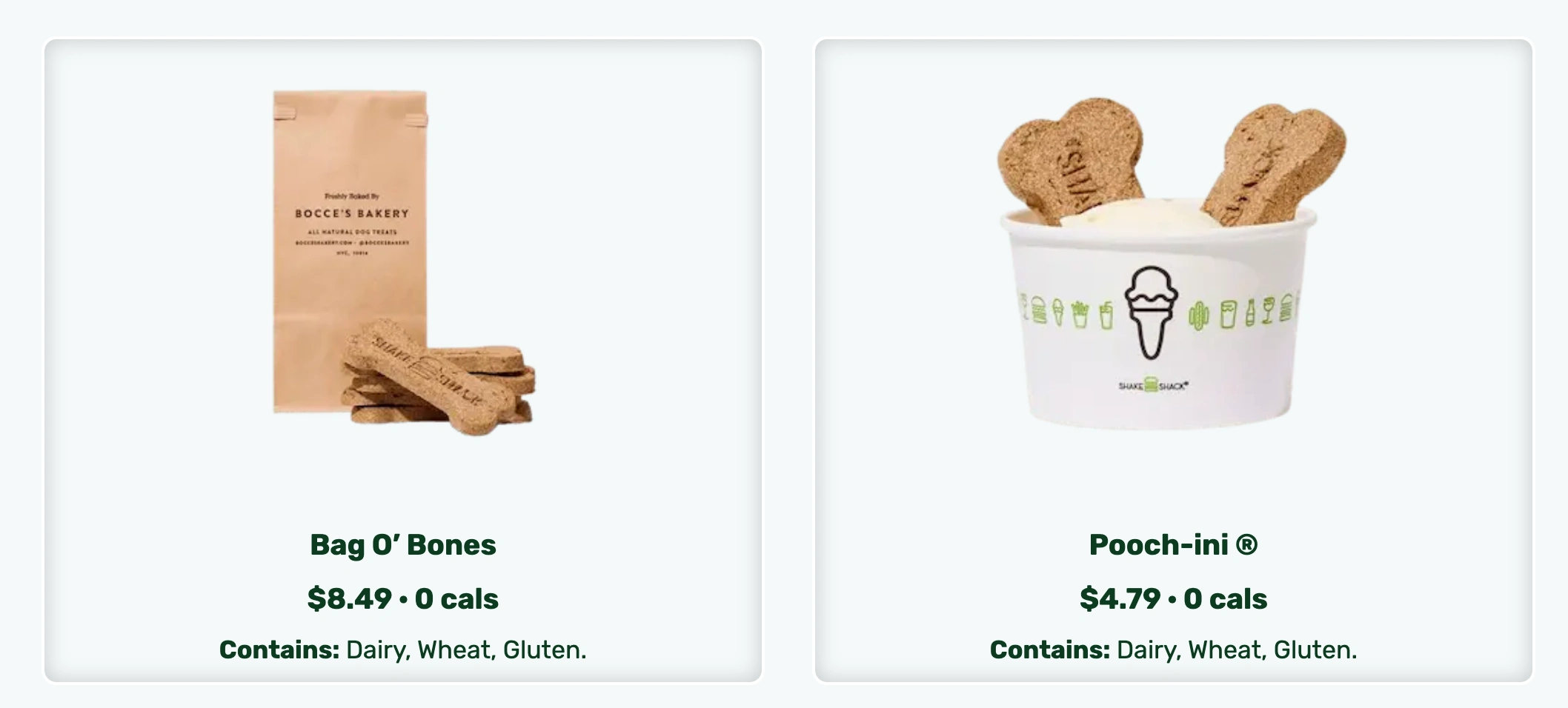 Shake Shack 推出的两款狗狗点心：狗狗饼干 Bag O’ Bones 和香草冻奶配狗饼干的 Pooch-ini，包装简洁可爱