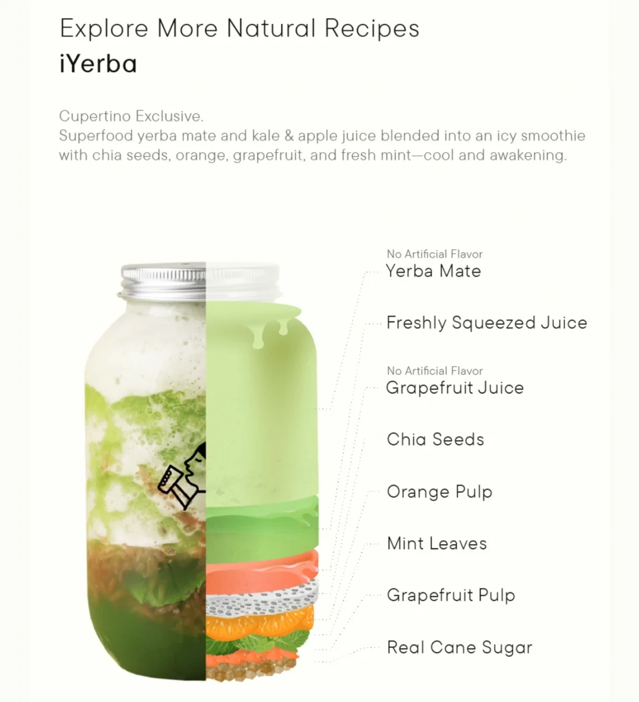 HEYTEA喜茶库比蒂诺限定饮品iYerba剖面分层图：马黛茶、鲜榨苹果羽衣甘蓝汁、葡萄柚汁、奇亚籽、橙柚果肉与薄荷，强调天然与清爽口感。