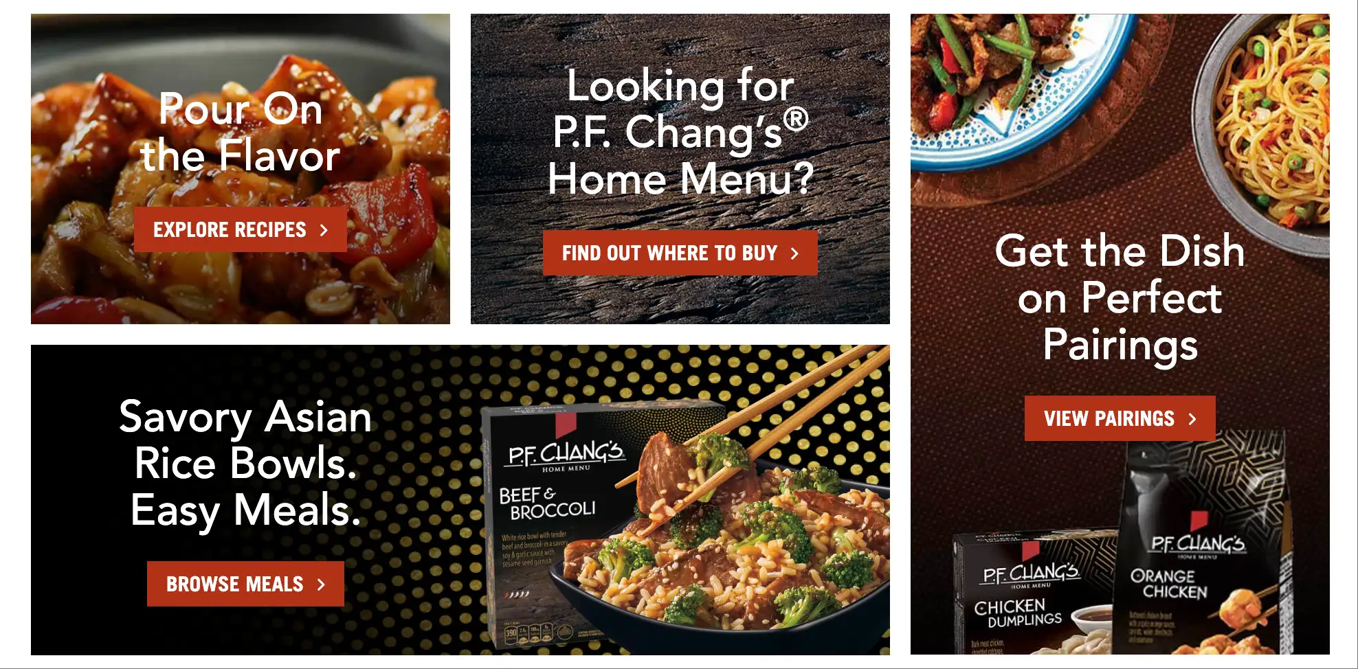 PF Chang’s Home Menu 冷冻餐宣传图，展示牛肉西兰花、鸡肉饺子、橙味鸡等预制菜，并附有“Explore Recipes”“Find out where to buy”等购买与食谱按钮。