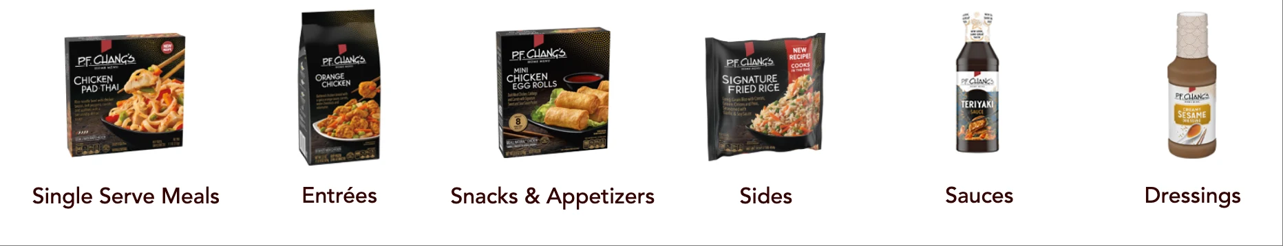 PF Chang’s 冷冻产品与酱料展示，包括单人碗、家庭份主菜、春卷饺子等小食、炒饭配菜、照烧酱及芝麻沙拉酱等。