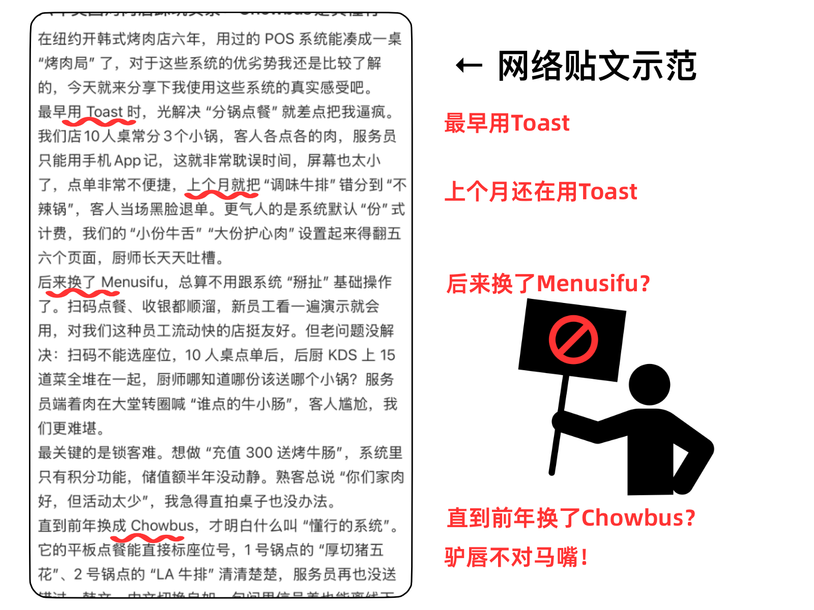 截图示例展示网络虚假帖文，内容前后矛盾，从Toast到MenuSifu再到Chowbus，质疑其真实性与来源可靠性。