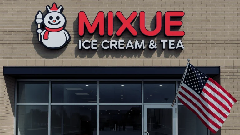 蜜雪冰城 Mixue Ice Cream & Tea 门店外观效果，雪王标志与美国国旗并列，象征品牌进军美国市场