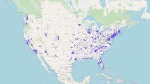 2026 年美国日餐馆分布图，显示加州、德州、纽约、佛州、华盛顿州等地区的日式餐厅聚集度，以及全美日餐馆在各州与主要城市的分布格局。