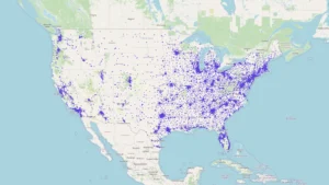 2026 年 1 月美国麦当劳(McDonald’s)餐厅分布地图:以紫色点位呈现全美超过一万家门店的地理分布,集中于德州(TX)、加州(CA)、佛州(FL)、伊利诺伊州(IL)和俄亥俄州(OH)等人口大州。东部、中西部与南部形成连续高密度带,西海岸主要集中在洛杉矶湾区与西雅图地区,内陆山区与大平原地区分布稀疏,清晰展示麦当劳在美国的城市布局与地域密度差异。