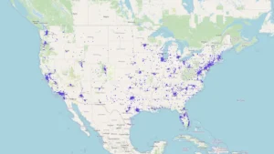 2026 年美国奶茶店分布图,标示全国主要城市和州的奶茶门店位置,包括洛杉矶、旧金山、纽约、休斯顿、西雅图等奶茶集中区域,反映美国奶茶行业的地理分布格局。