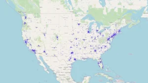 2026 年美国奶茶店分布图,标示全国主要城市和州的奶茶门店位置,包括洛杉矶、旧金山、纽约、休斯顿、西雅图等奶茶集中区域,反映美国奶茶行业的地理分布格局。