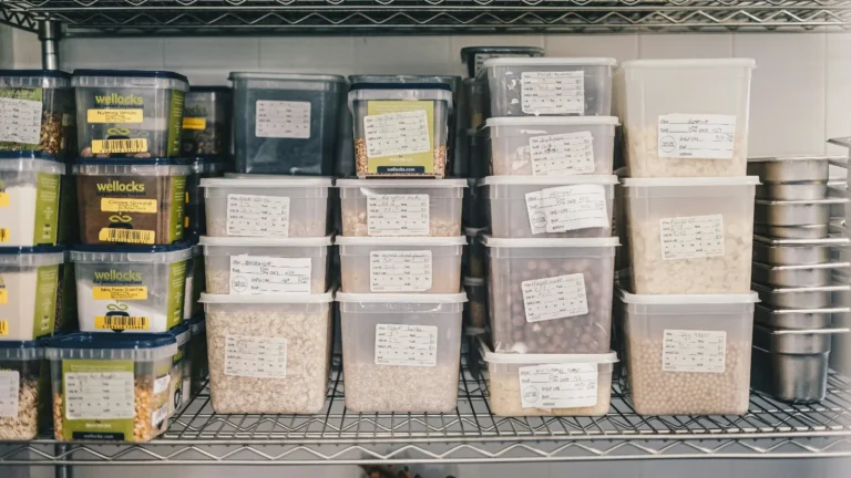 餐厅储物架上摆放着贴有标签的食材盒,展示餐饮门店在原料分类、库存管理和 SKU 管理中的实际应用场景。