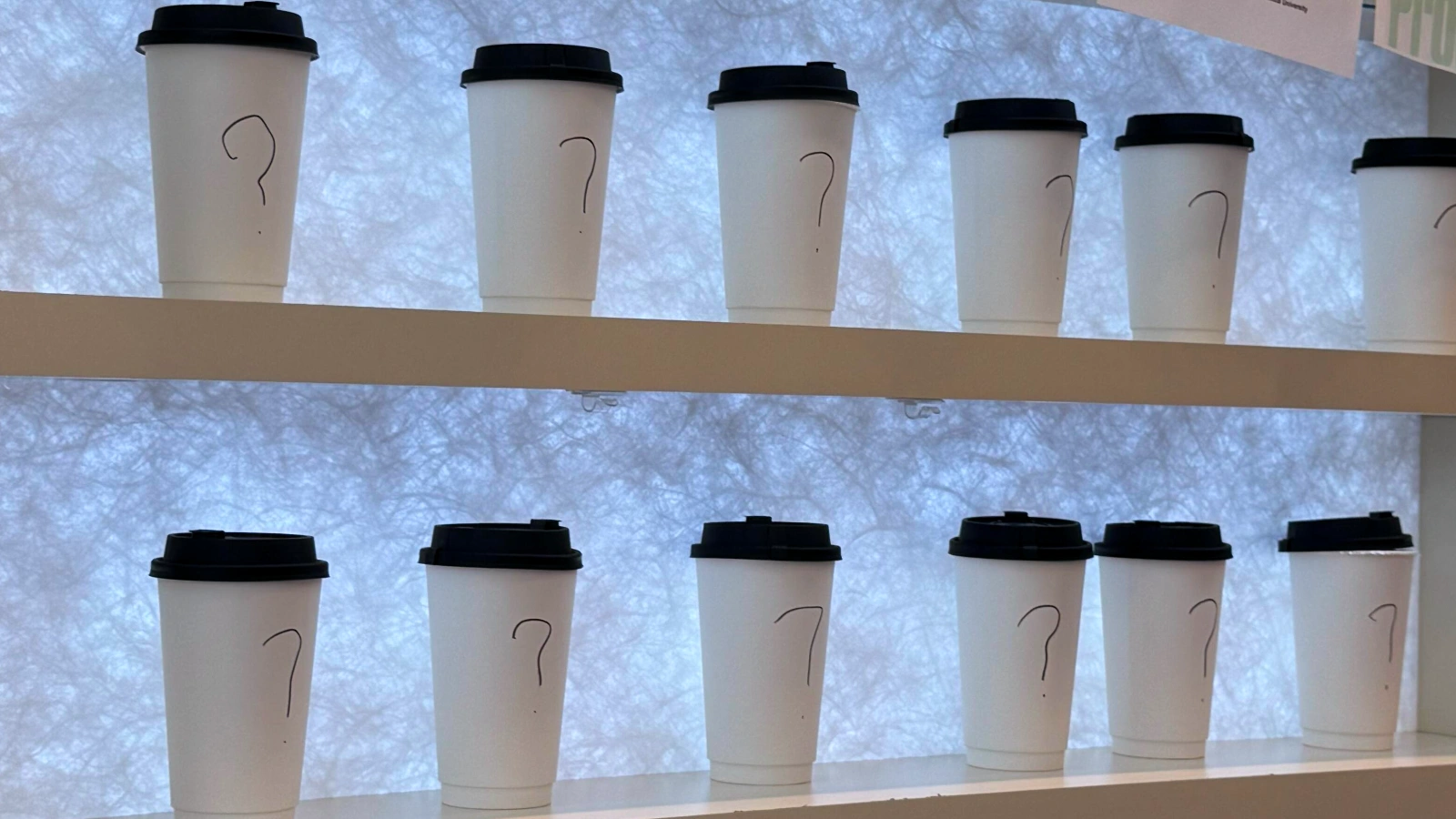 纽约 ?Tea 门店展示架上摆放多只白色饮品杯,杯身均手绘问号,体现原品牌包装被临时替换。