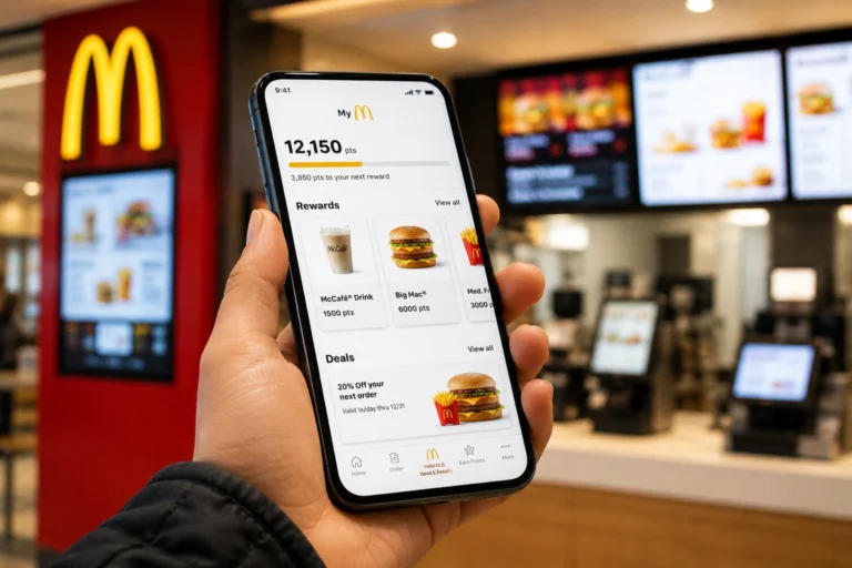 顾客在McDonald’s门店使用会员App查看积分、奖励和优惠,展示餐馆会员系统如何连接消费记录与个性化营销