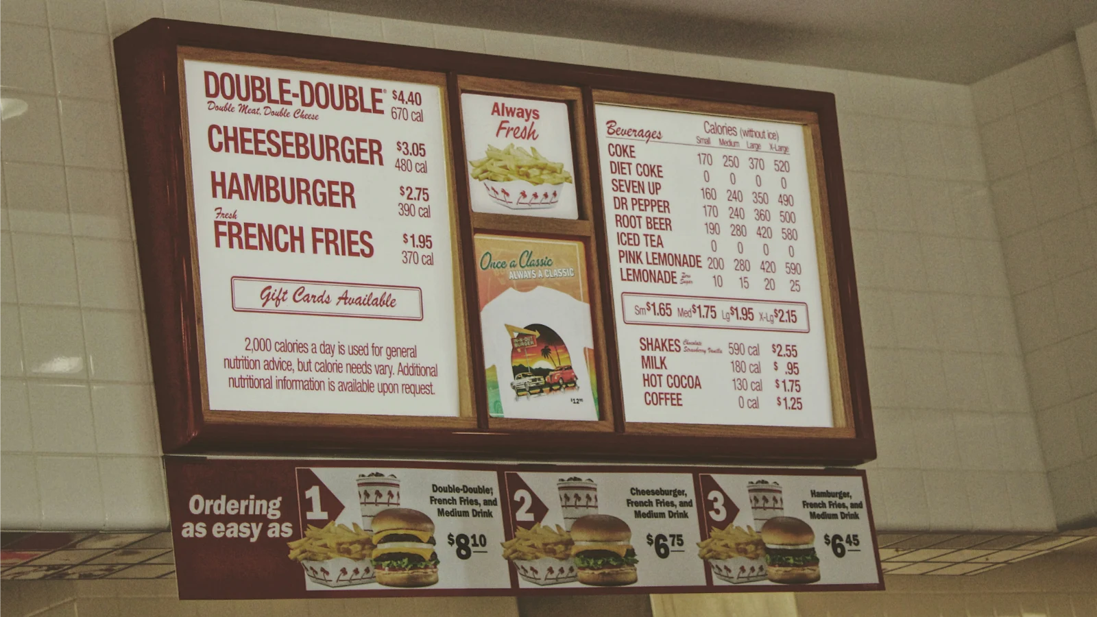 In-N-Out餐厅菜单板展示Double-Double、Cheeseburger、Hamburger和French Fries等核心产品